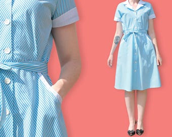 80s Blue & White Diagonal Stripes Dress - Short Sleeves Belted Lily Dress - Notched Collar Striped Secretary Dress - Avant Garde Shirt Dress