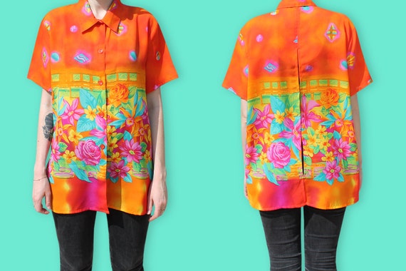 90s Tropical Sheer Shirt - Neon Barkcloth Chiffon… - image 6