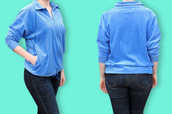 90s Aesthetic Velvet Jacket - Polka Dot Print Blu… - image 2