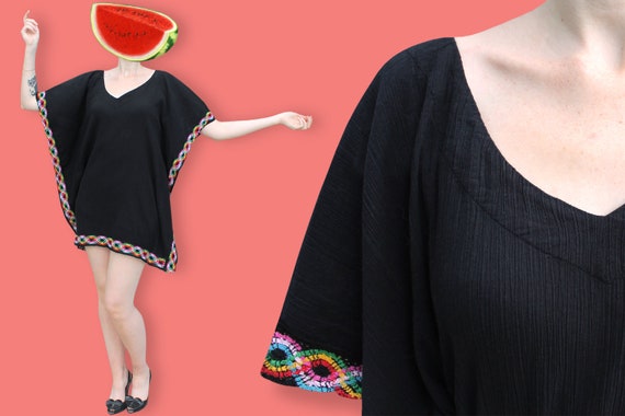 80s Mini Beach Caftan Dress - Black & Rainbow Cro… - image 1
