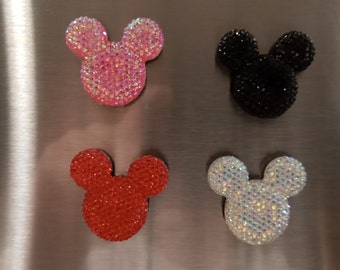 Set of 4 Small Mickey Mouse Head or Minnie Mouse Head Rhinestone Magnets in Mulitple Colors