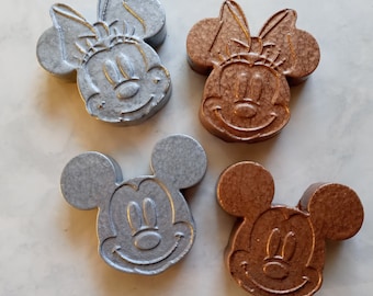 Pair of Mickey & Minnie Mouse Head Hammered Copper/Hammered Pewter Finished cast concrete hand-made Garden Stones, Paper Weight, Disney Gift