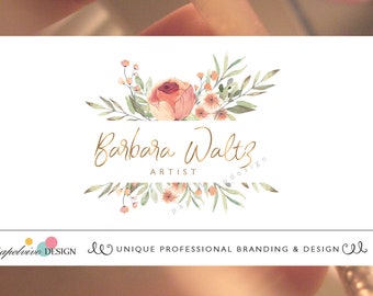 Greenery watercolor floral logo design, Premade logo design-Branding package, Signature gold logo F20