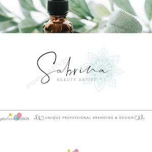Signature beauty logo design, Branding package, Makeup artist logo, green mandala logo, yoga spa logo - B28