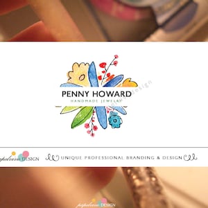 Watercolor floral logo design, premade jewelry logo, branding package, business logo- JW6