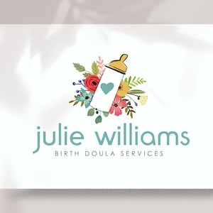 Baby logo design-Doula logo design-Branding package-Branding kit-Baby boutique logo-Floral baby bottle logo-Sweet logo - B17