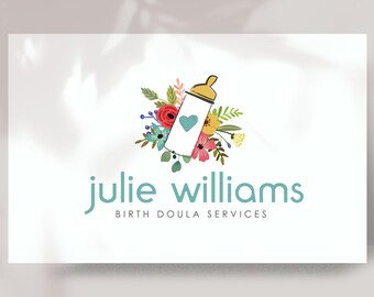 Baby logo design-Doula logo design-Branding package-Branding kit-Baby boutique logo-Floral baby bottle logo-Sweet logo - B17
