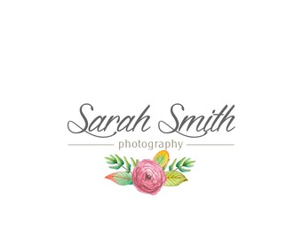 May include: A logo for Sarah Smith Photography featuring a watercolor illustration of a pink flower with green leaves and the text "Sarah Smith photography" in gray.