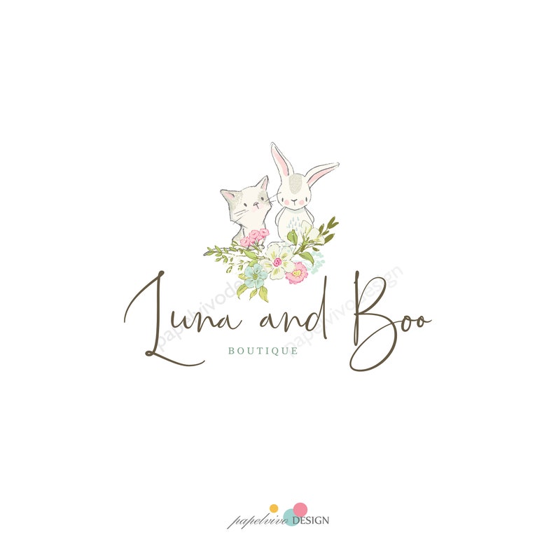 May include: A logo for a boutique called "Luna and Boo" featuring a white rabbit and a white cat with pink accents sitting on a bed of green leaves and pink, white, and blue flowers.