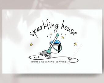 May include: A logo for a house cleaning service called "sparkling house". The logo features a mop and bucket with a blue cleaning solution, surrounded by stars. The text "house cleaning services" is written below the image.