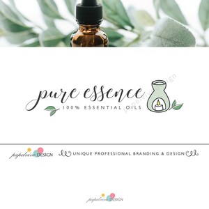 May include: Logo for a business called "pure essence" that specializes in 100% essential oils. The logo features a stylized image of a diffuser with a candle inside and green leaves.