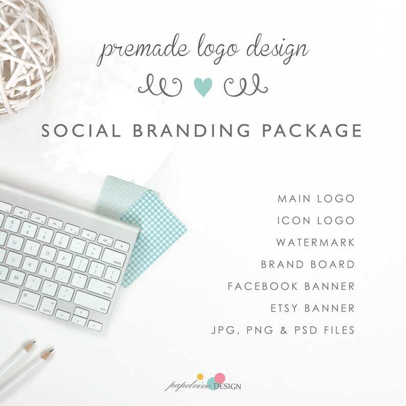 May include: A white background with a keyboard, a white ball of yarn, and a blue and white checkered fabric. The text "premade logo design" is written in gray cursive font. The text "SOCIAL BRANDING PACKAGE" is written in gray font. The text "MAIN LOGO, ICON LOGO, WATERMARK, BRAND BOARD, FACEBOOK BANNER, ETSY BANNER, JPG, PNG & PSD FILES" is written in gray font. The text "papelvive DESIGN" is written in gray font with a colorful circle logo.