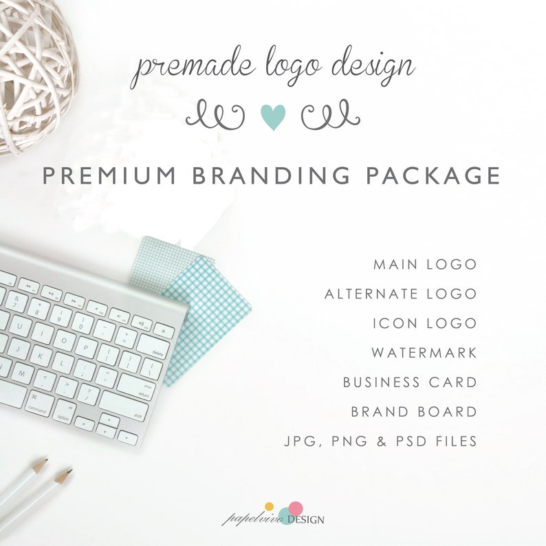 May include: A white background with a premade logo design for a branding package. The logo is a simple design with two swirls and a heart in the middle. The text "premade logo design" is written in a cursive font. The text "PREMIUM BRANDING PACKAGE" is written in a bold font. The text "MAIN LOGO, ALTERNATE LOGO, ICON LOGO, WATERMARK, BUSINESS CARD, BRAND BOARD, JPG, PNG & PSD FILES" is written in a smaller font. The text "papelvive DESIGN" is written in a smaller font at the bottom of the image.