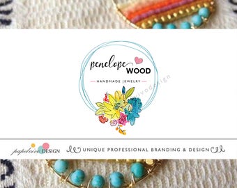 Watercolor floral logo design, jewelry premade logo design, branding package, business logo, round, heart  logo - JW3