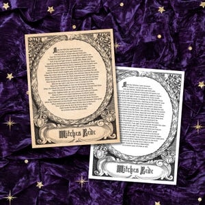 May include: Two rectangular prints featuring the Witches Rede text enclosed in an ornate, leafy circular border with decorative scrolls at the bottom. The text is printed in a black gothic font on a light beige background with a vintage aesthetic.