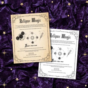 May include: Two rectangular paper sheets featuring the title Eclipse Magic in black gothic font. The pages contain diagrams of solar and lunar cycles, celestial illustrations, and printed instructions for a simple eclipse ritual, all framed by decorative corner flourishes.