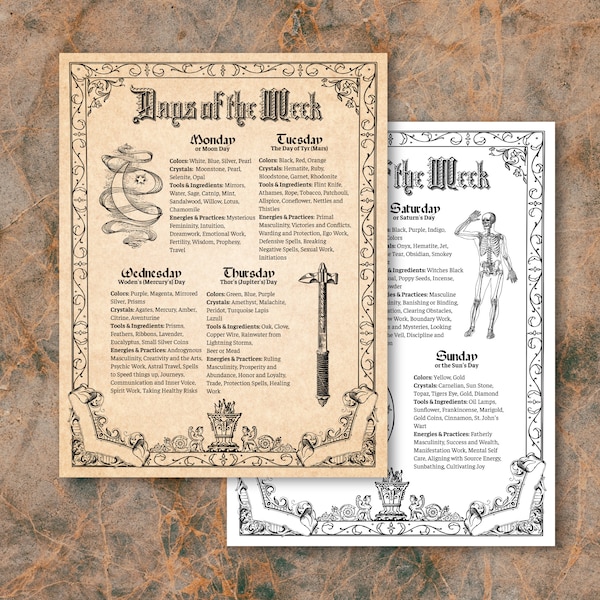 Days of the Week Meanings, Week Days Magick, Book of Shadows Page, Grimoire Page, Witchcraft, Digital Download, PDF, Witchcraft Supply