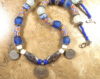 African necklace with Afghan coins drop from Krobo beads and recycled glass from Ghana, trade beads, African jewelry - AN392