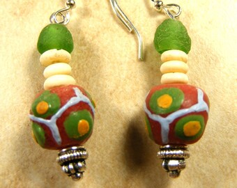 Krobo and bone earrings with beads from Ghana and Kenya on silver stem with ear wires, African jewelry - AE239