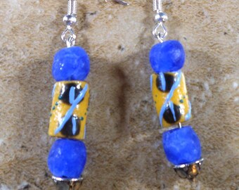 Ghana Krobo bead earrings in gold and blue recycled glass with silver tone stems and ear wires - AE136