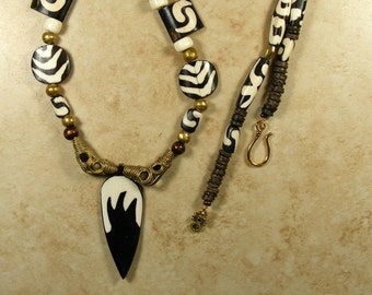 Kenyan Batik bone necklace with 2 inch Batik bone pendant and brass from Ethiopia, African jewelry, tribal jewelry - AN518