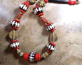 Batik chunky necklace, tribal jewelry, ethnic jewelry, cow bone and recycled glass beads with brass spacers - AN259
