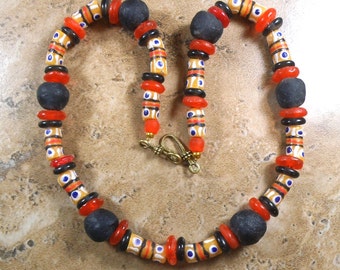 5-6 mm approx 60 cm strand with 110-130 beads yellow orange small handmade ethno glass beads java