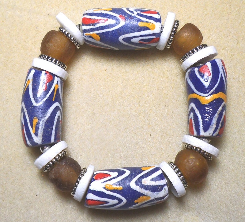 Trade Beads African Ghana brass Glass Krobo dipo recycled glass stretch bracelet
