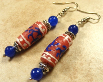White clay Ghanaian painted glass accent bead earrings