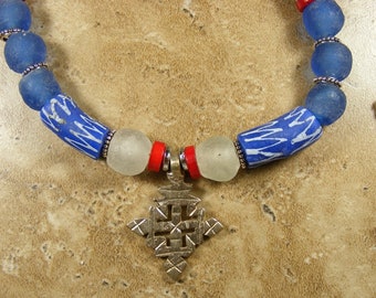 Coptic cross necklace with Krobo beads, recycled glass from Ghana and red coral, African jewelry, Ethiopian necklace - AN472