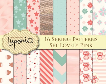 Patterns de Primavera en Rosa y Verde Agua  50% OFF | 16 Pattern de Alta Resolución | Imprimible - Descarga Instantánea