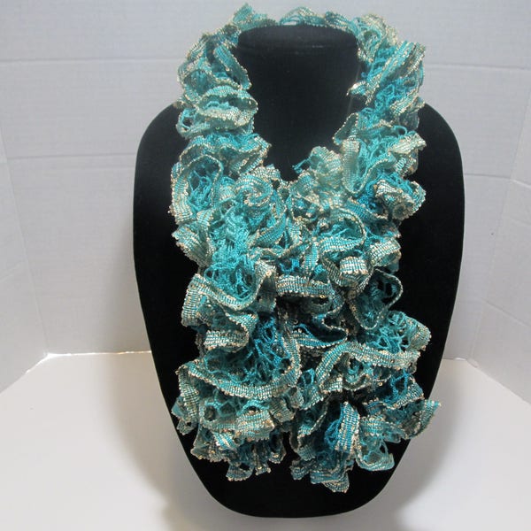Gold, Turquoise HandKnitted Ruffle Scarf- Birthday Gift- Gifts for Her- Gifts for Women- Gifts for Mom- Gifts for Sister- Mothers Day Gifts