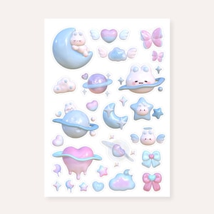 Bunny Planet Sticker Sheet | Kawaii Journal Sticker, Laptop Kindle Tablet Decoration Sticker, Bujo Planner Sticker Scrapbook Sticker