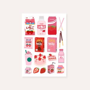 Strawberry Snacks Sticker Sheet | Kawaii Anime Pink Journal Sticker image 1
