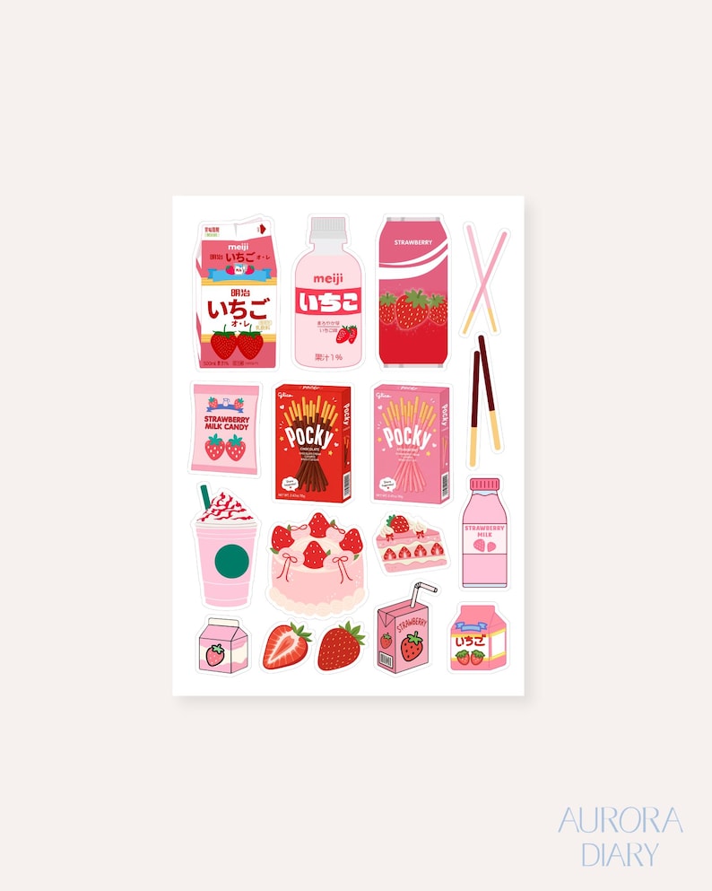 Strawberry Snacks Sticker Sheet | Kawaii Anime Pink Journal Sticker image 1
