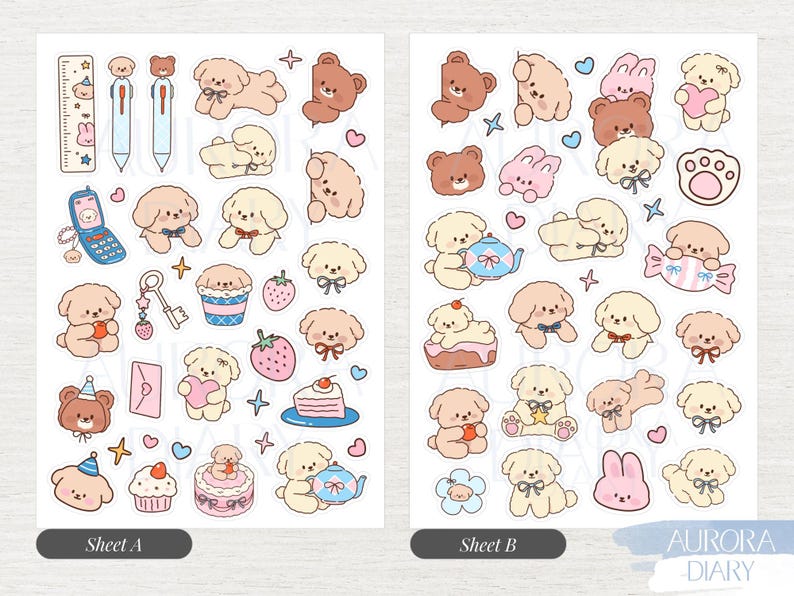Peut inclure: Deux planches d'autocollants pr&eacute;sentant diverses illustrations de chiots cr&egrave;me, d'ours bruns et de lapins roses. Les motifs incluent de petits objets comme une r&egrave;gle, des stylos, un t&eacute;l&eacute;phone &agrave; clapet, des cl&eacute;s, des fraises, des g&acirc;teaux et des c&oelig;urs.