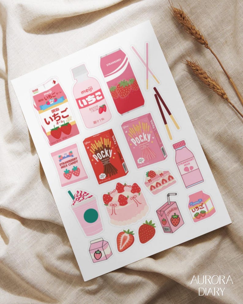 Strawberry Snacks Sticker Sheet | Kawaii Anime Pink Journal Sticker image 2