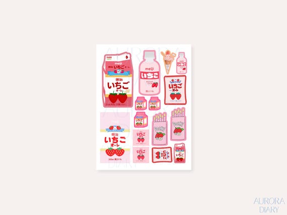 Strawberry Milk Sticker Sheet | Anime Pink Journal Sticker Scrapbook Sticker, Kawaii Japanese Drink Sticker