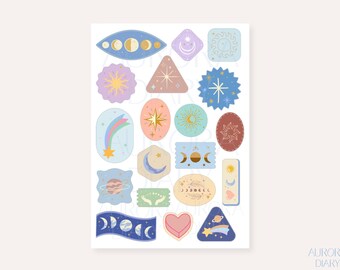 Hoja de pegatinas de luna y estrellas celestiales / Pegatinas estéticas para diario, álbum de recortes y agenda, pegatinas mágicas y caprichosas