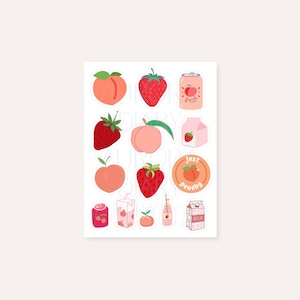 Peach & Strawberry Sticker Sheet | Pink Bujo Sticker, Journal Sticker, Aesthetic Scrapbook Sticker, Fruit Sticker