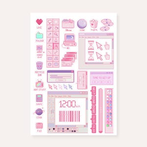 Pink Pixel Y2K PC Icons Sticker Sheet | Aesthetic Journal Sticker, Nostalgia Decoration Sticker, Bujo Planner Sticker Scrapbook Sticker