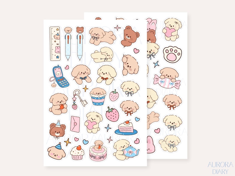 Peut inclure: Deux planches d'autocollants pr&eacute;sentant diverses illustrations de chiots brun clair, d'ours bruns, de c&oelig;urs roses, de fraises, d'un t&eacute;l&eacute;phone &agrave; clapet bleu, d'une cl&eacute;, d'un g&acirc;teau, d'un cupcake, d'une th&eacute;i&egrave;re et d'une r&egrave;gle, dans un style cartoon pastel.