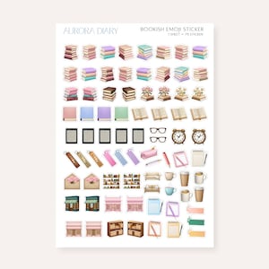 Könnte beinhalten: Ein Stickerbogen mit verschiedenen Emoji-Stickern zum Thema Bücher. Die Sticker zeigen Bücherstapel, offene Bücher, E-Reader, Brillen, Uhren, Lesezeichen und Schreibwaren. Auf dem Bogen steht "Aurora Diary" und "Bookish Emoji Sticker".