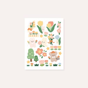 Bunny & Bear Garden Sticker Sheet | Rabbit and Bear Floral Journal Sticker Planner Sticker | Cute Flower Illustration Stationery Sticker
