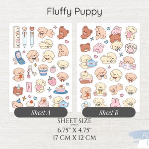 Peut inclure: Deux planches d'autocollants intitul&eacute;es Fluffy Puppy pr&eacute;sentant diverses illustrations de chiots, d'ours et de lapins cr&egrave;me et marron. Les planches incluent de petites ic&ocirc;nes comme des fraises, des g&acirc;teaux et des cl&eacute;s. Chaque planche mesure 17 cm par 12 cm.