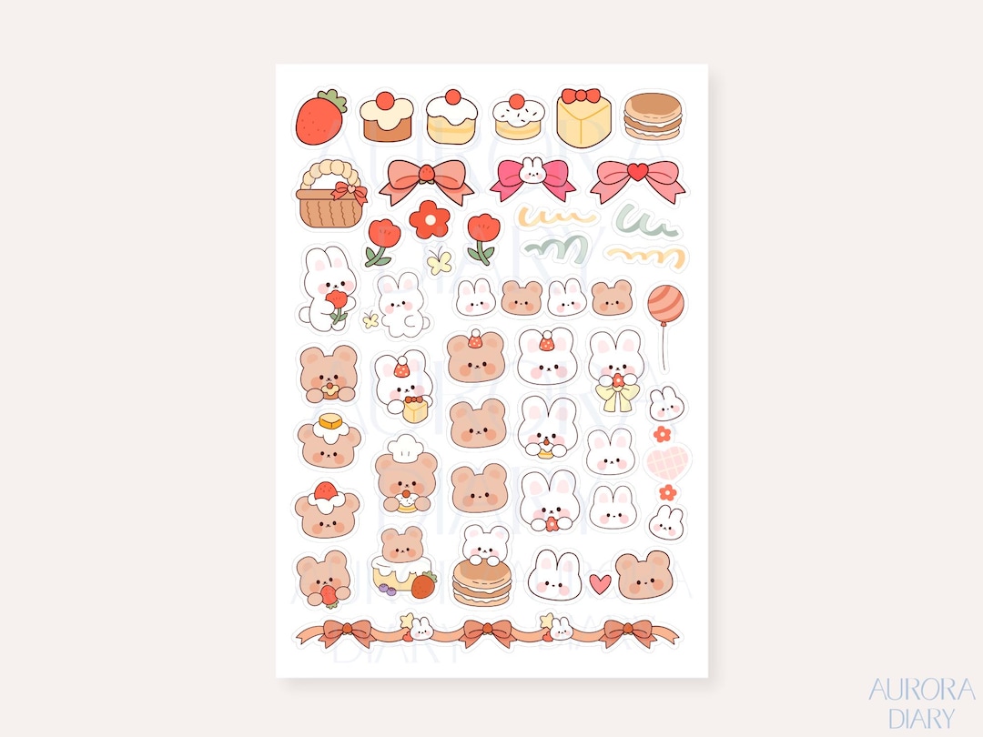 Bunny & Bear Cake Party Sticker Sheet | Cute Animal Sticker, Journal ...