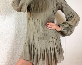 Y2K Silk Taupe Pleated Blouse Mini Dress. S/M