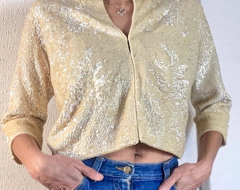 1960s Sequinned Jacquard Wool Knit Cardigan Jacket. S