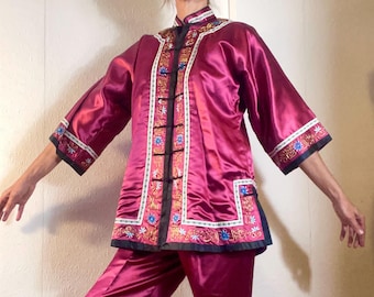 Vintage Chinese zijden geborduurde pyjamabroekenset. S/M