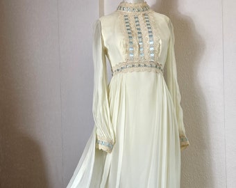 1970s Victorian Style Silk Chiffon Prairie Dress. XS/S